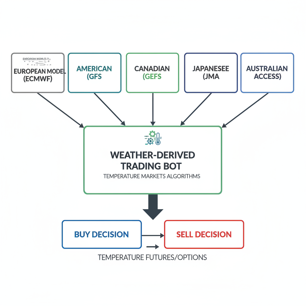 Diagram of multiple forecast models integrated into an automated Polymarket trading system