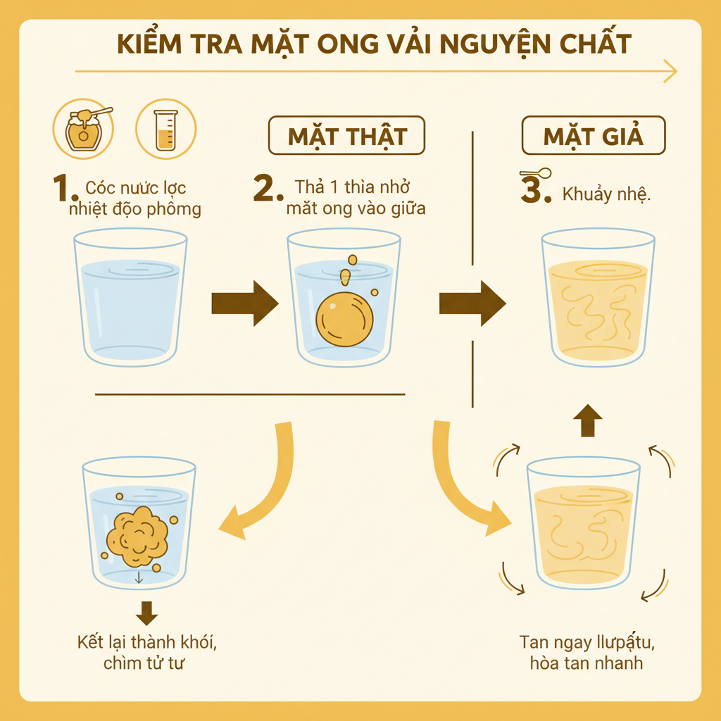 Sơ đồ minh họa các bước thử nghiệm mật ong với nước, so sánh kết quả mật thật và giả.