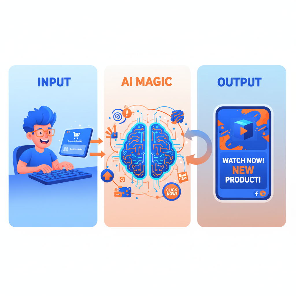 Illustration depicting the Arcads AI video ad generation process from user input to final output.