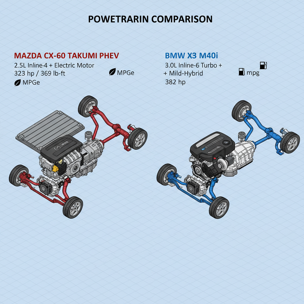 Cutaway diagram comparing Mazda CX-60 PHEV and BMW X3 powertrains.