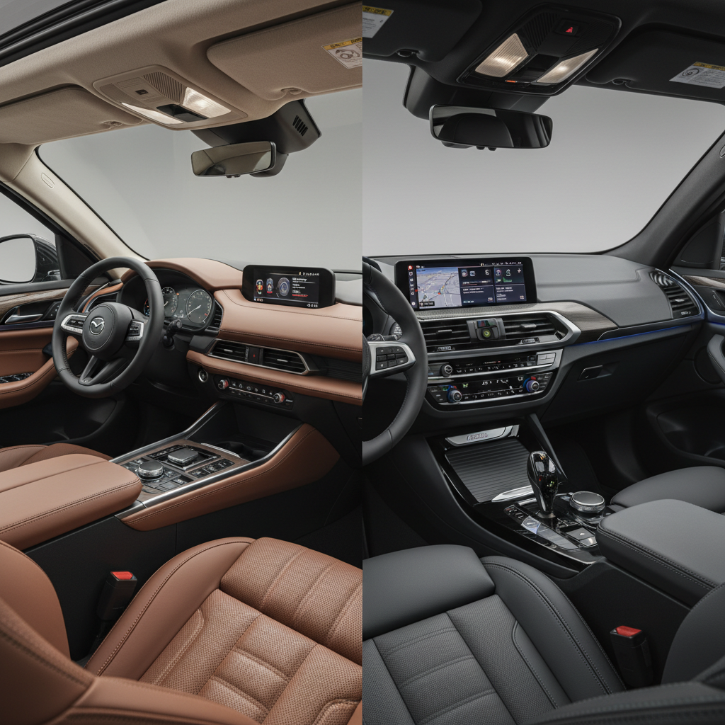 Side-by-side comparison illustration of Mazda CX-60 Takumi and BMW X3 luxury interiors.