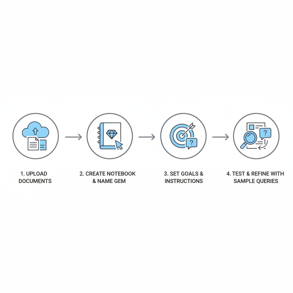 Diagram illustrating the four sequential steps to set up a NotebookLM Custom Assistant