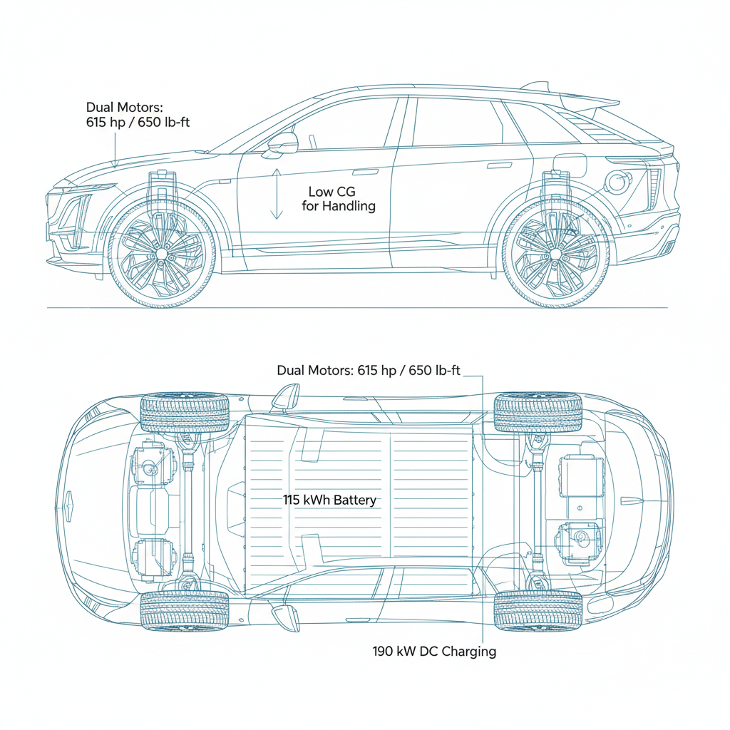 Cutaway diagram of the Cadillac Lyriq V powertrain, showing dual motors, battery pack, and low center of gravity.