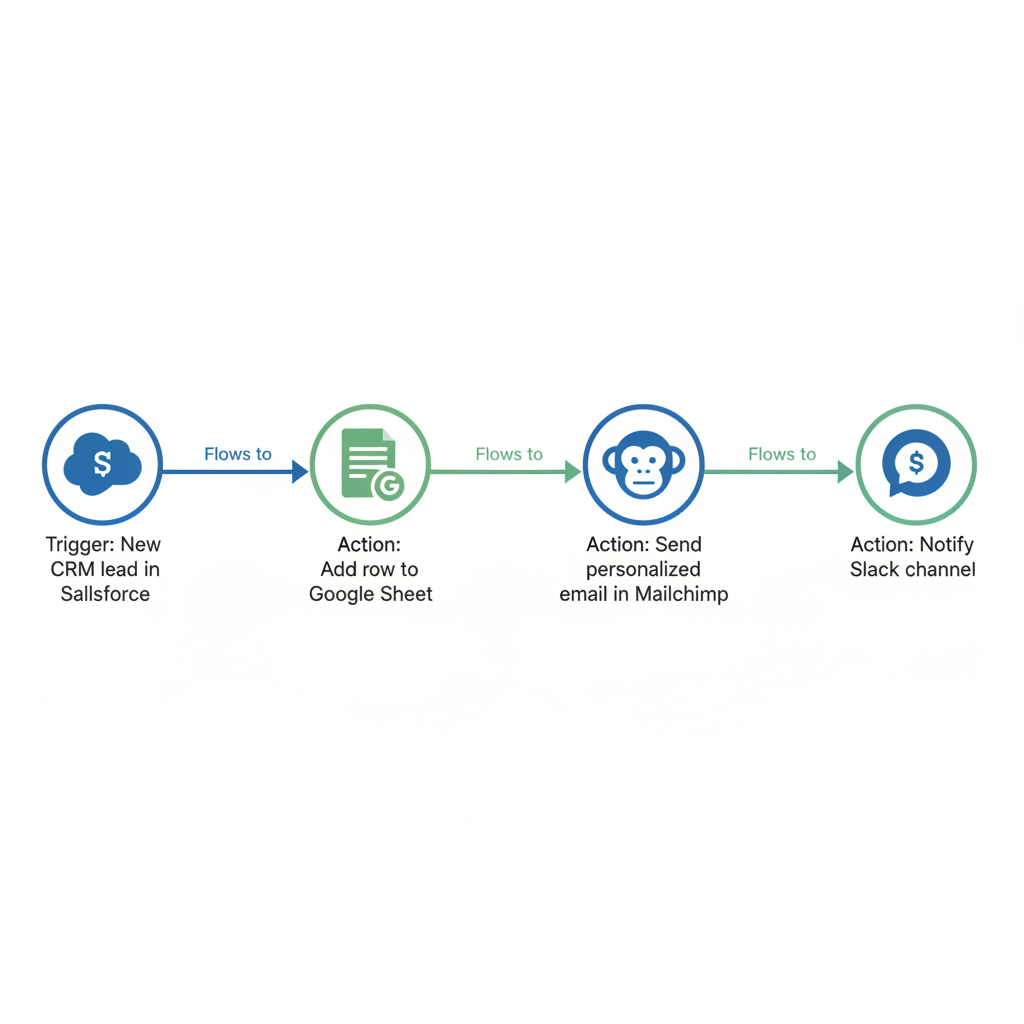 Diagram of a sample Zapier automation flow from CRM lead to Sheet, email, and Slack notification