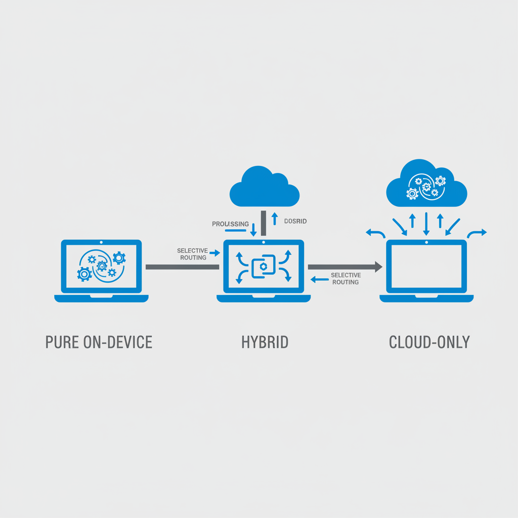 Diagram comparing pure on-device, hybrid, and cloud-only AI agent deployment models