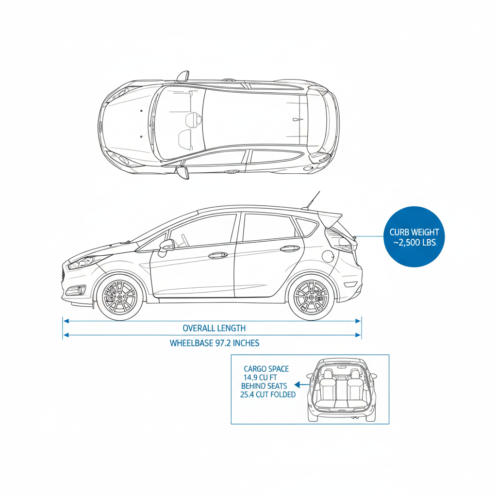 Blueprint diagram labeling the Ford Fiesta's key dimensions, wheelbase, weight, and cargo capacities.