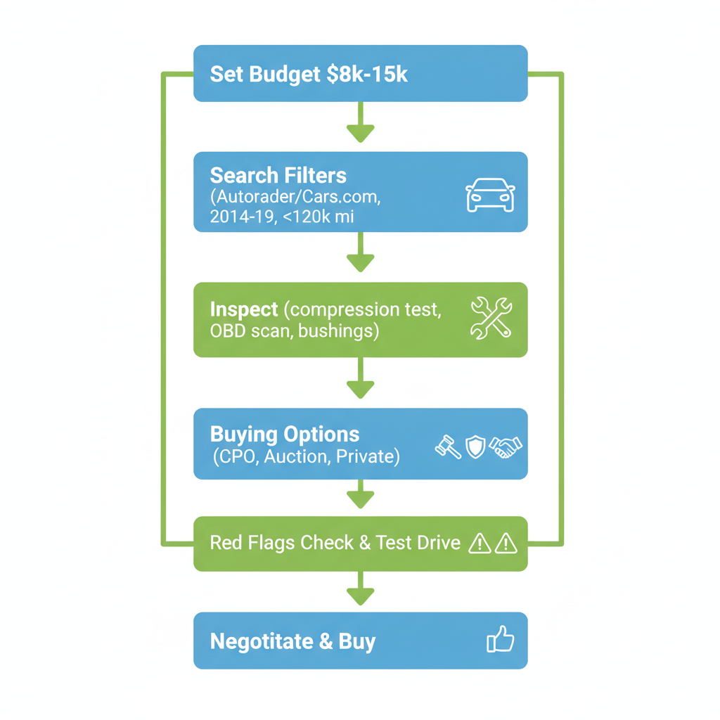 Flowchart diagram outlining the step-by-step process for buying a used Ford Fiesta.