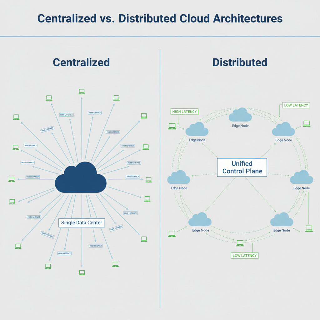 Diagram comparing centralized cloud architecture with a single large data center versus distributed cloud with multiple edge nodes closer to users.