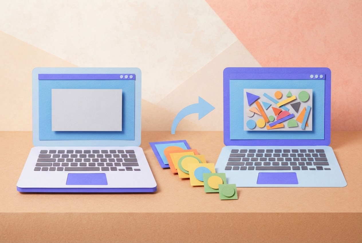 Two laptop screens side by side showing a tweet draft before and after adjustments with colored paper pieces.