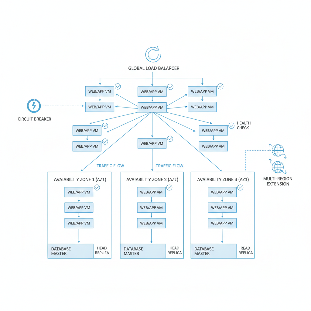 Diagram of multi-AZ high availability architecture with load balancer, instances across zones, read replicas, health checks, and circuit breakers.