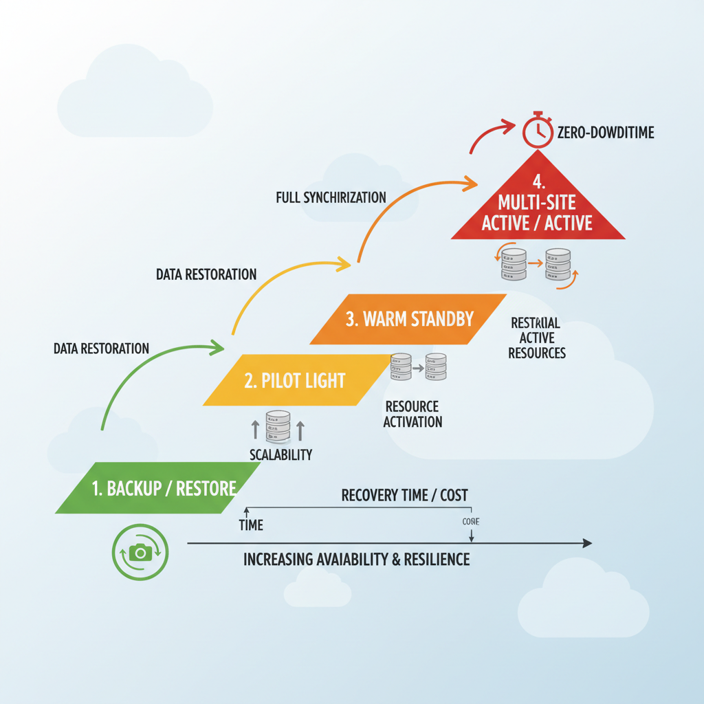 Diagram comparing four cloud disaster recovery strategies by recovery speed and readiness.