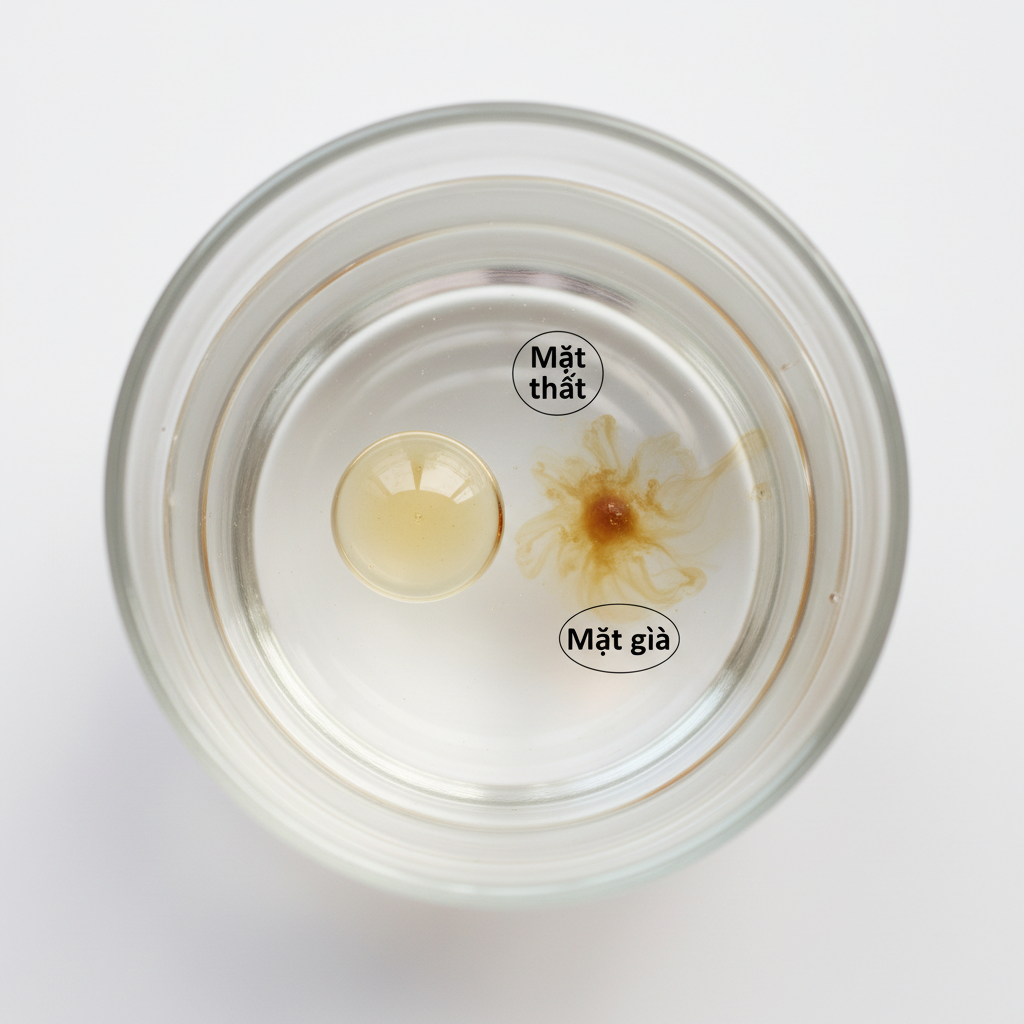 Hình minh họa test nhỏ giọt mật ong vào nước: mật thật nổi cục tròn, mật giả tan lan.