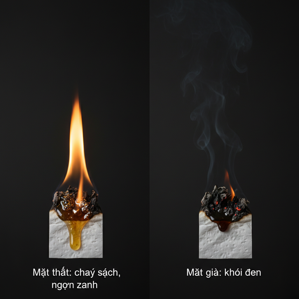 Hình minh họa test cháy giấy: mật thật cháy sạch ngọn xanh, mật giả khói đen tắt.
