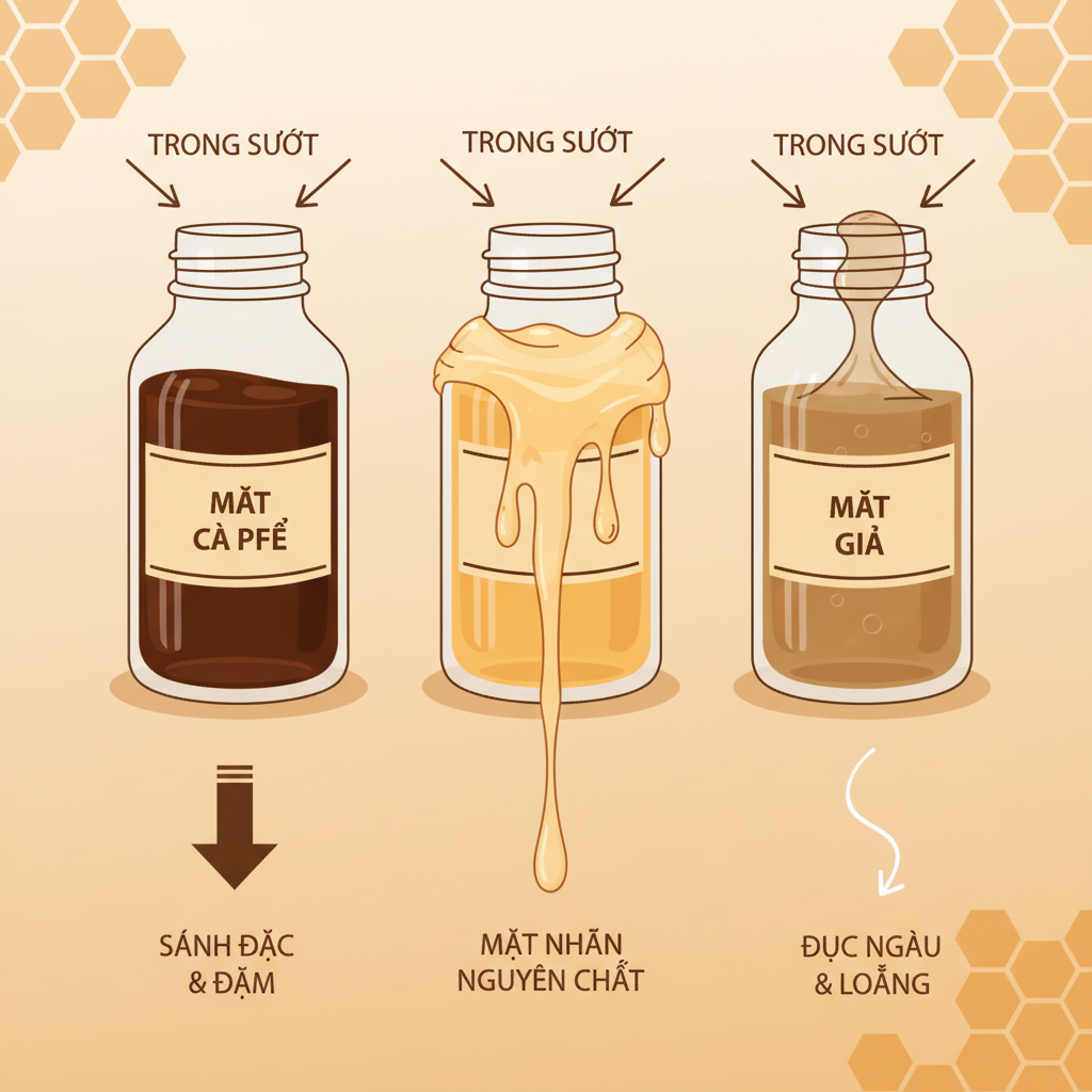 So sánh đặc điểm mật ong hoa nhãn nguyên chất với các loại khác và mật giả.