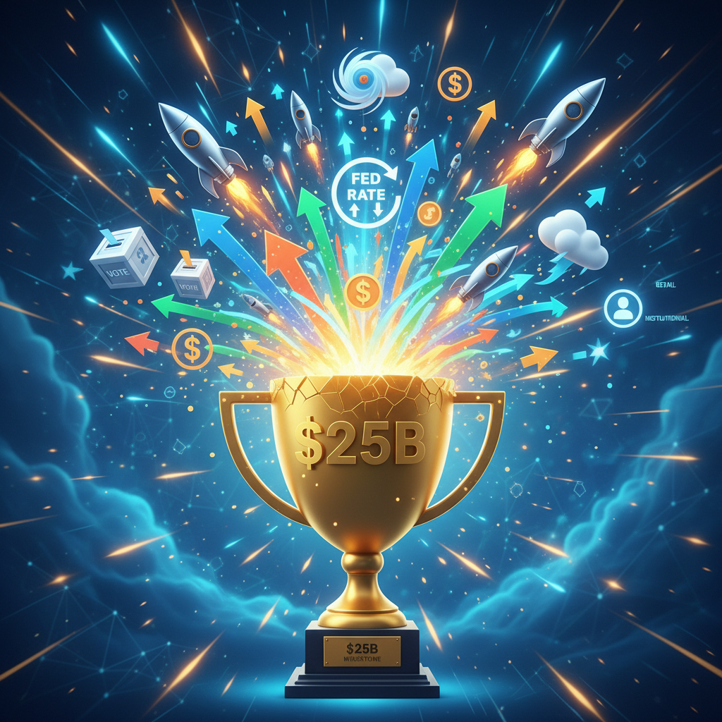 Illustration of Kalshi's $25 billion trading volume milestone exploding with growth elements like charts, event icons, and traders.