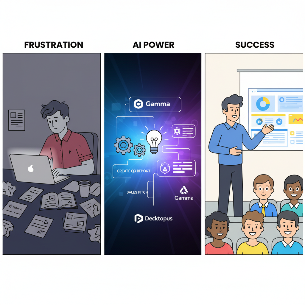 Illustration of the transformation from blank slide frustration to AI-generated polished presentation.