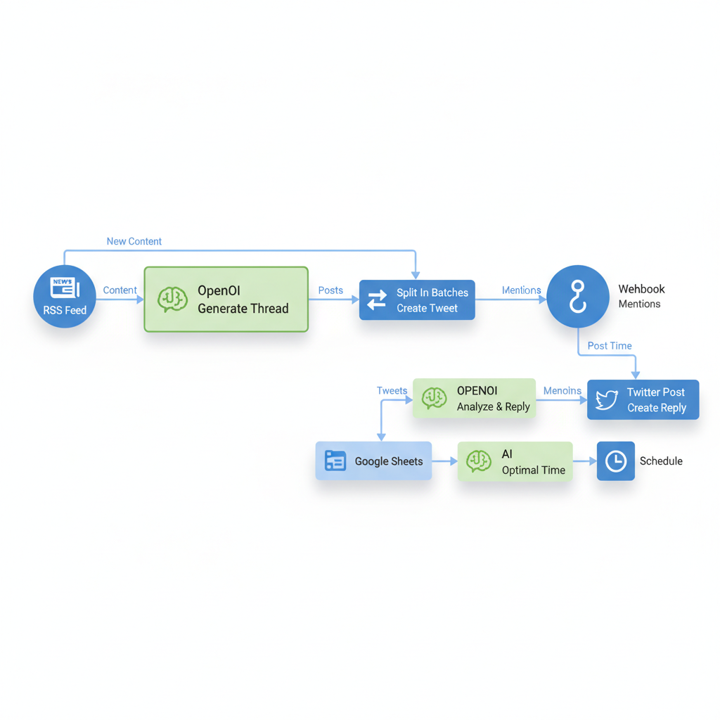 Flowchart diagram illustrating the connections and sequence of nodes in the n8n AI social media automation workflow.