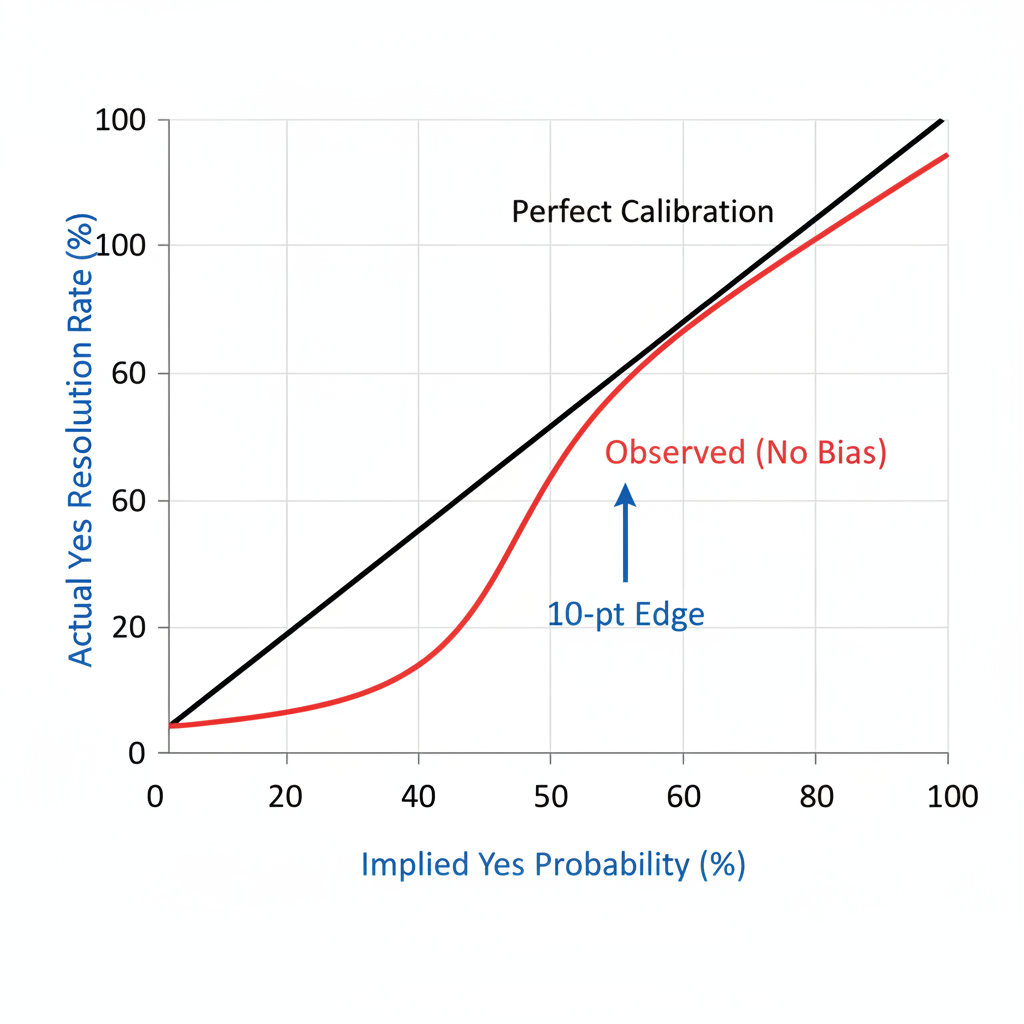 Line graph of prediction market calibration curve from 146K markets, showing a downward dip at 50% odds indicating 'no' bias.