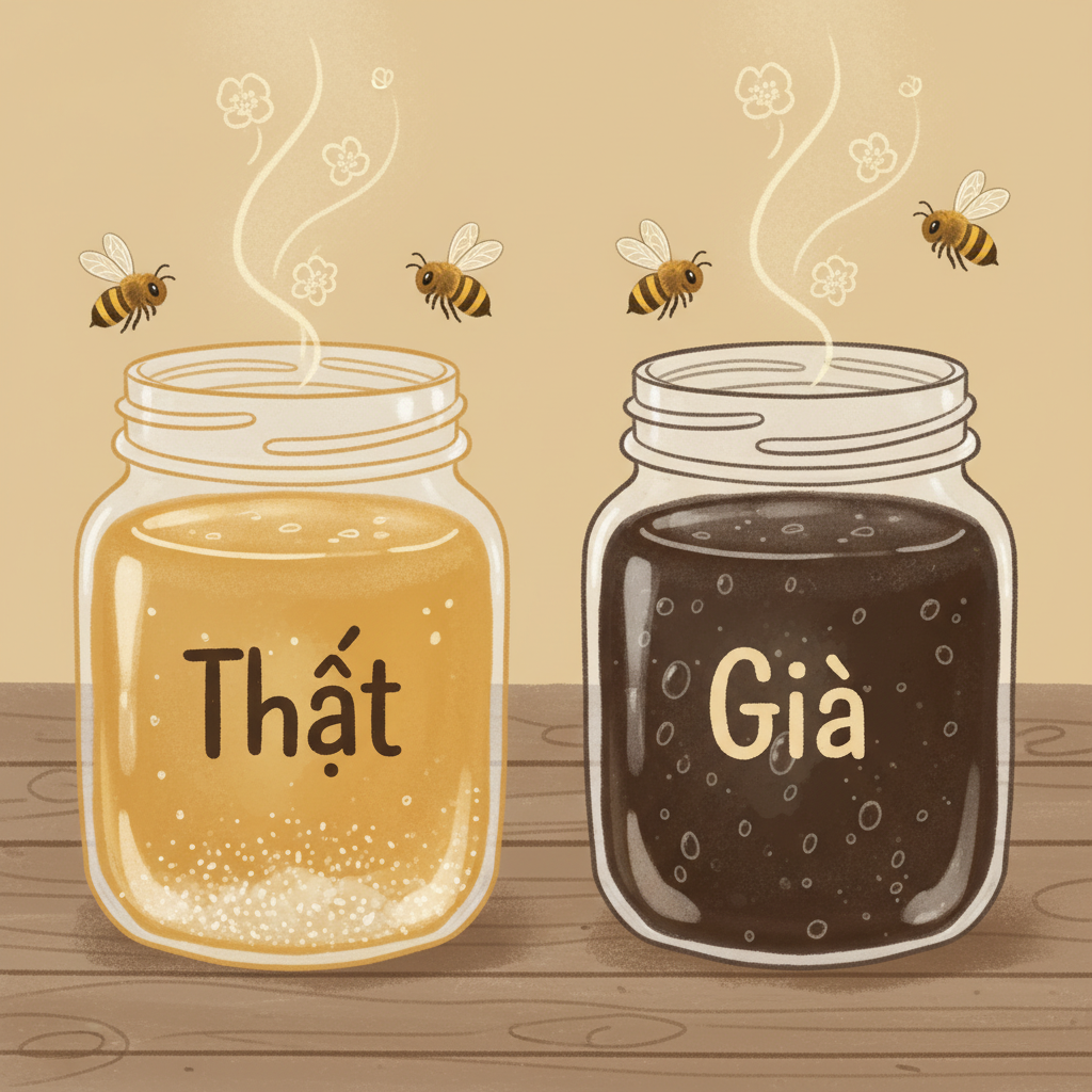 Minh họa so sánh đặc điểm mật ong hoa nhãn nguyên chất và mật ong giả: màu sắc, kết tinh, tạp chất.