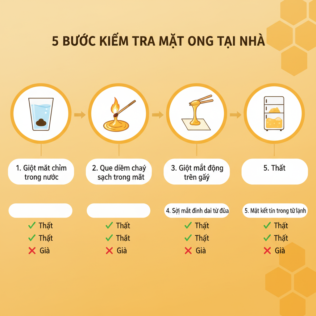 Sơ đồ 5 bước phân biệt mật ong thật giả tại nhà: thử nước, đốt, giấy, độ sánh, tủ lạnh.