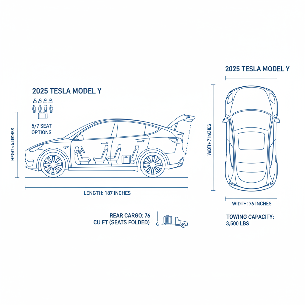 Diagram illustrating Tesla Model Y dimensions, seating, cargo space, and towing capacity.