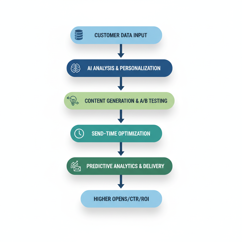 Flowchart diagram of the AI email marketing workflow from data input to optimized delivery.