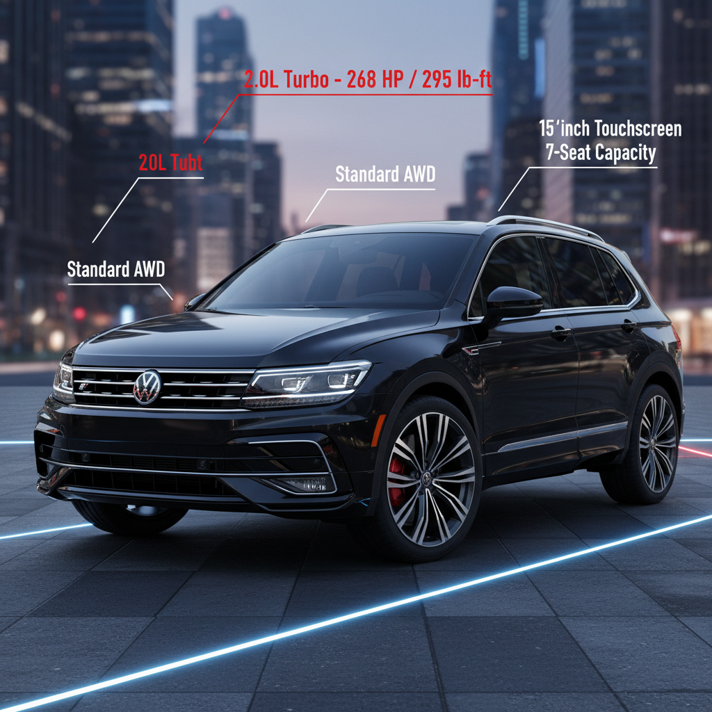 Illustration of 2025 VW Tiguan R-Line with labeled key specs including engine, AWD, infotainment, seating, and cargo.
