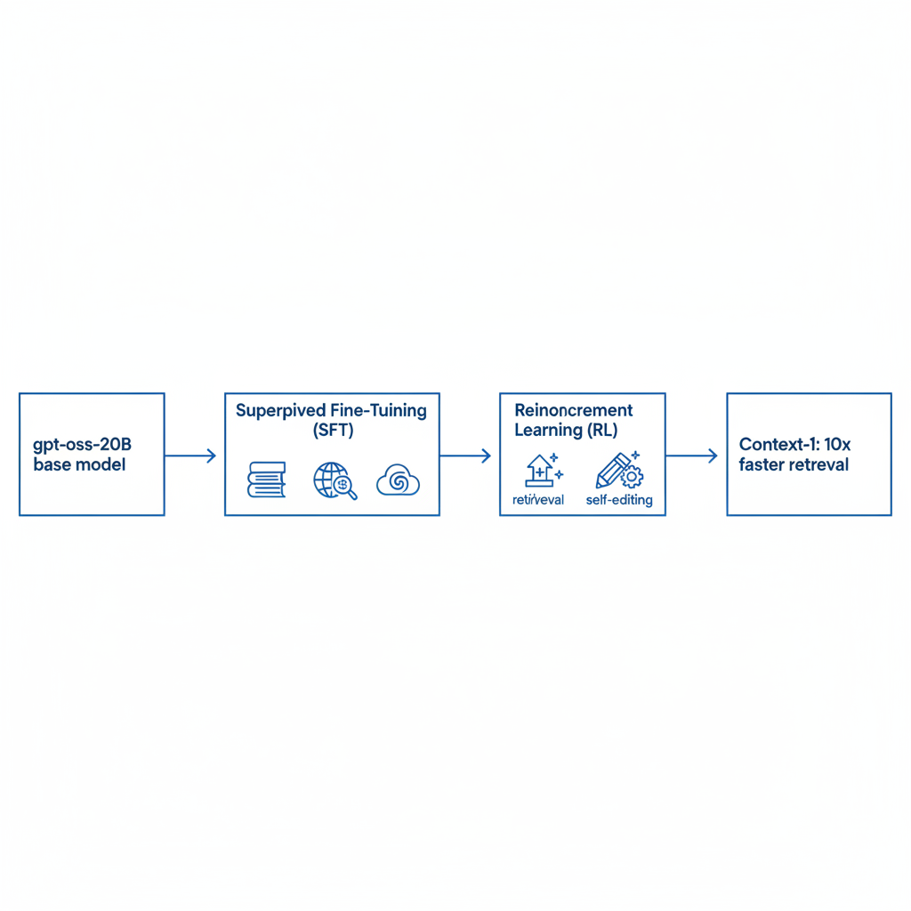 Flowchart diagram illustrating the SFT and RL training process for Chroma Context-1, from base model to final optimized agent.