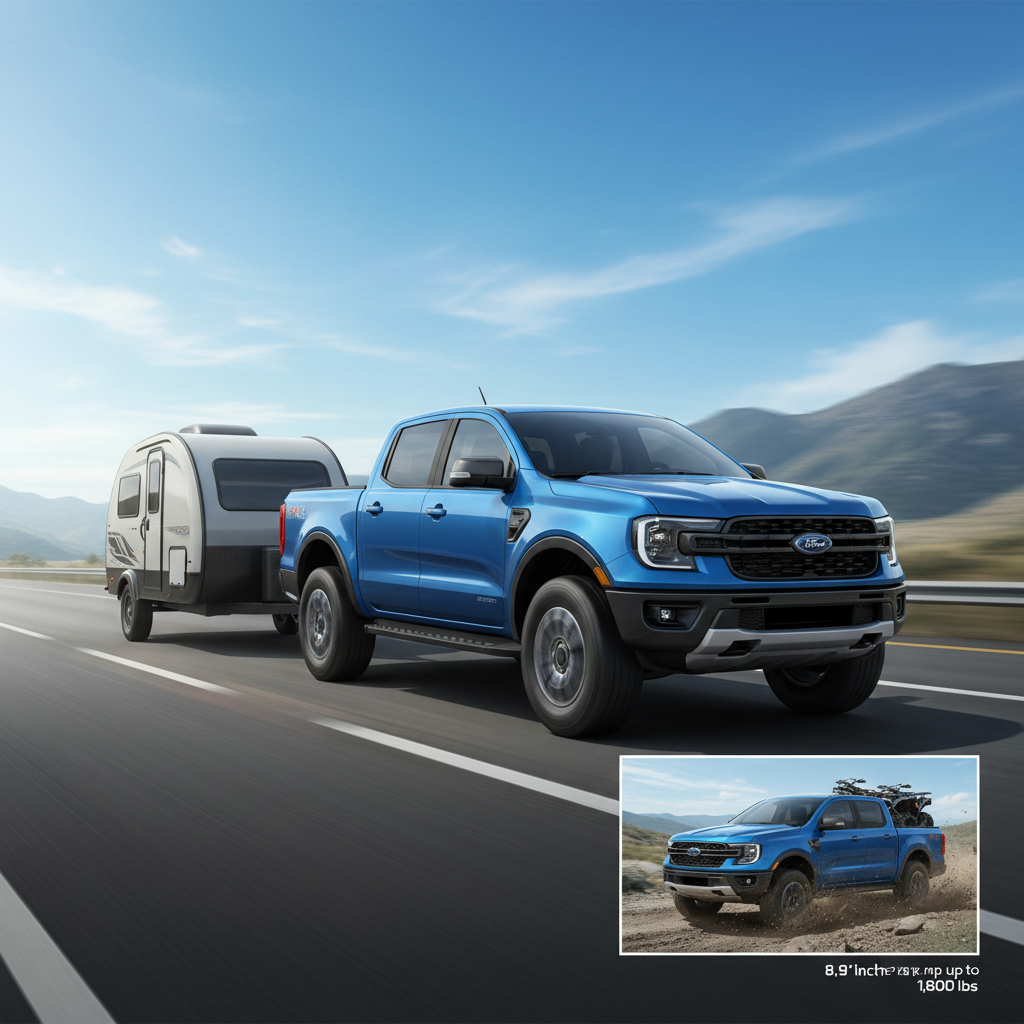 Illustration of 2025 Ford Ranger 4x4 demonstrating 7,500 lb towing on highway and 1,860 lb off-road payload.
