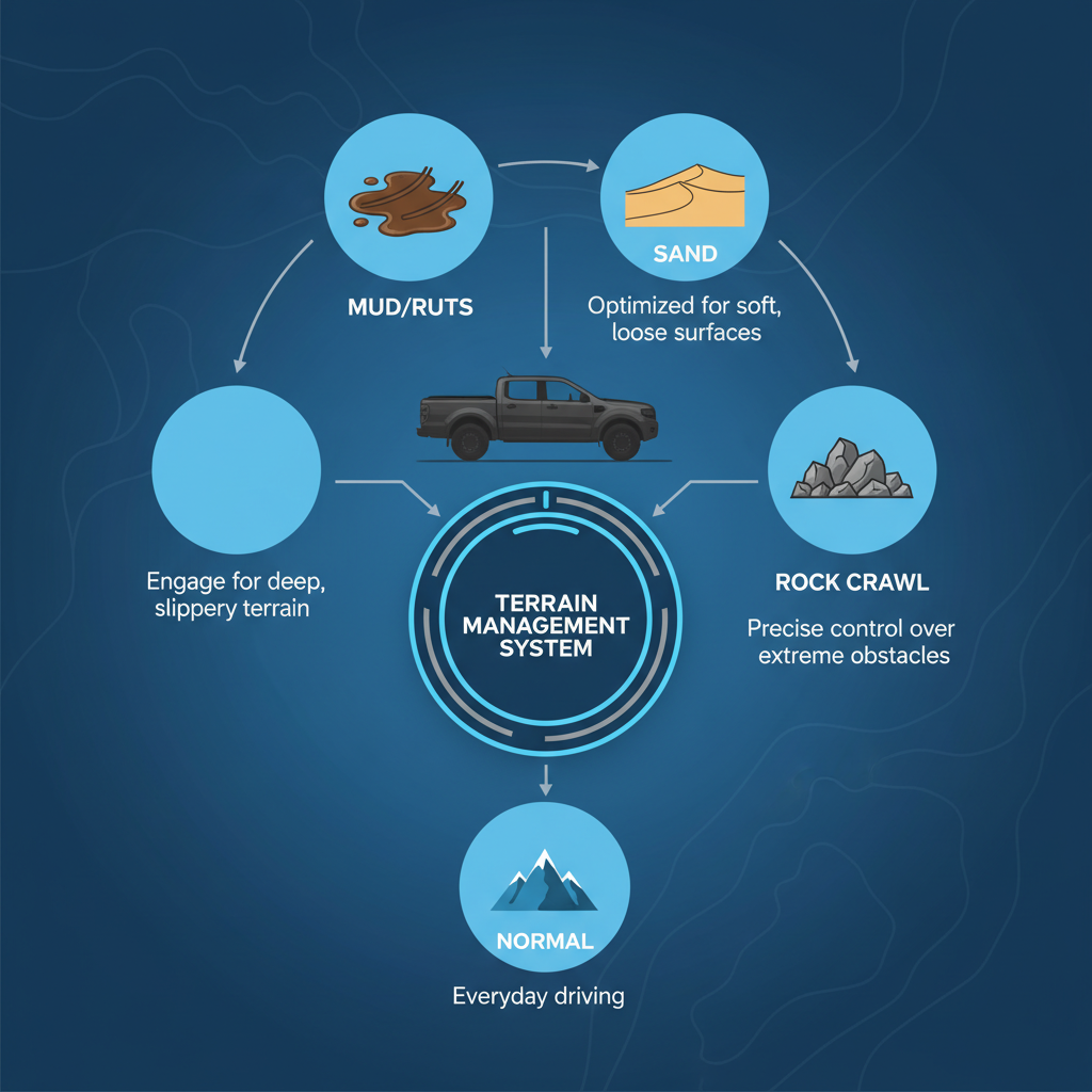 Diagram of Ford Ranger Terrain Management modes including Mud/Ruts, Sand, and Rock Crawl.