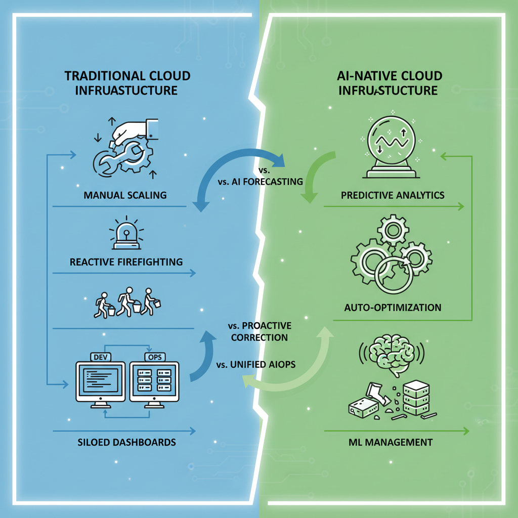 Side-by-side diagram contrasting traditional cloud (left) and AI-native cloud (right) infrastructures.