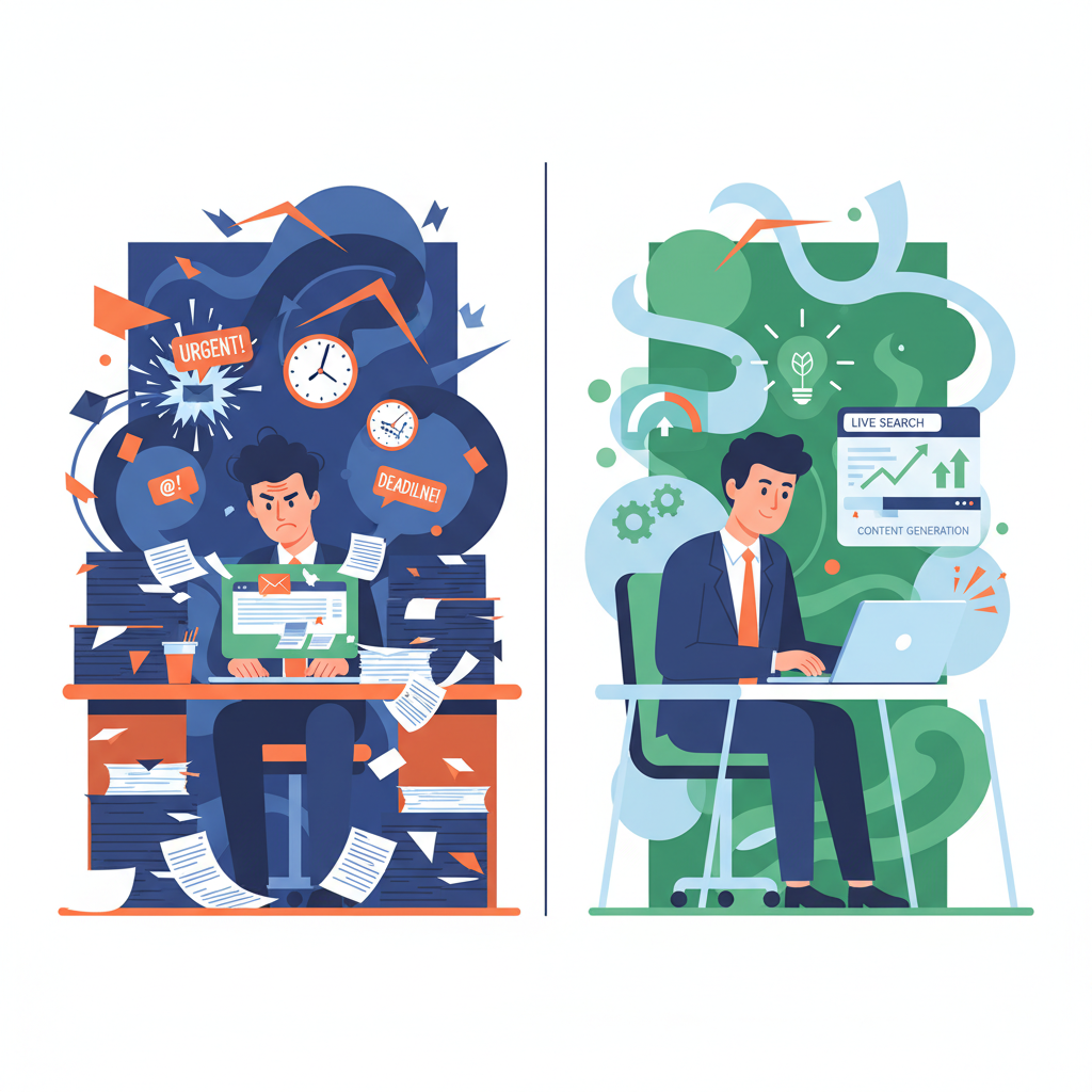 Conceptual before-and-after illustration of business productivity chaos transformed by AI tools.