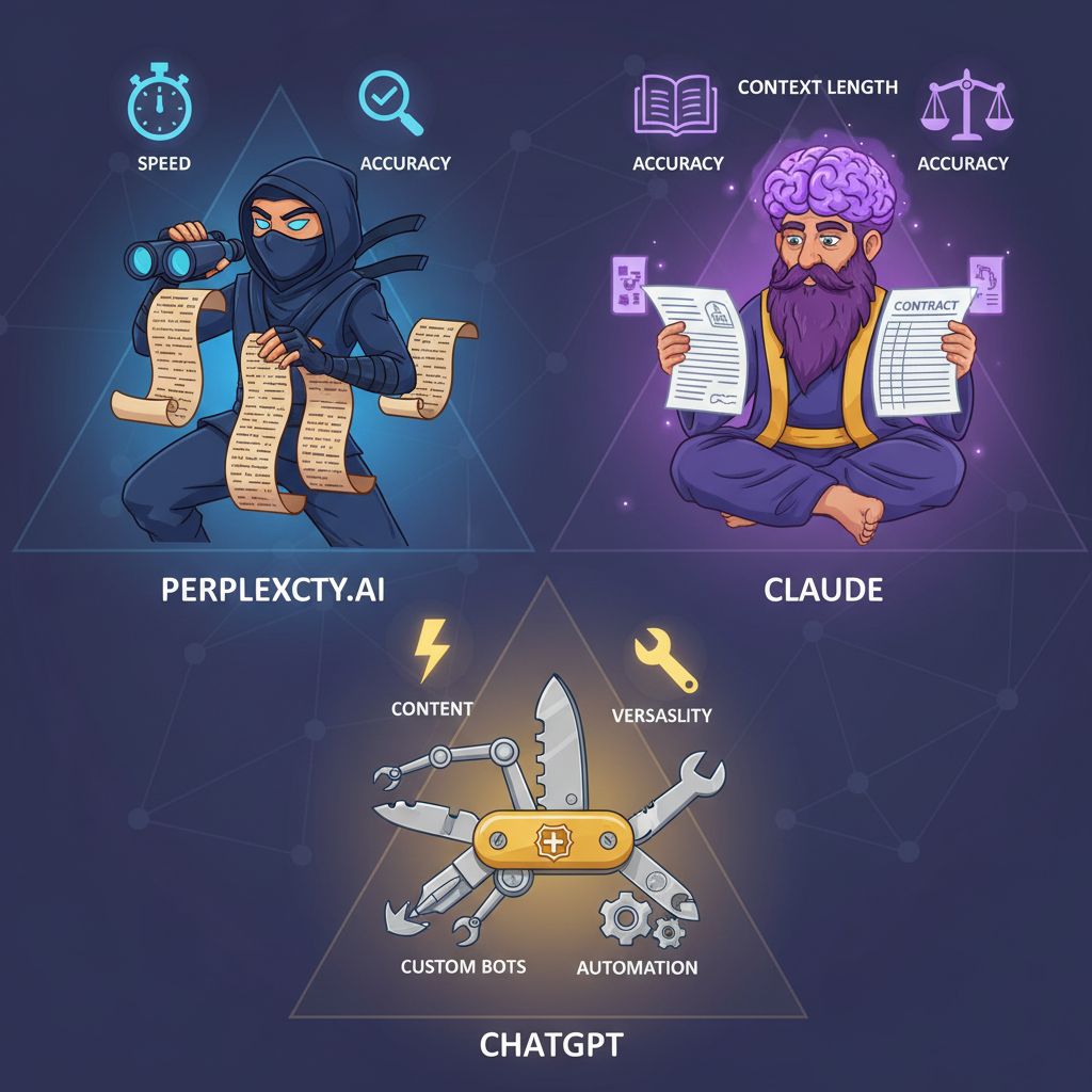 Illustrative comparison of Perplexity, Claude, and ChatGPT as specialized AI tools.