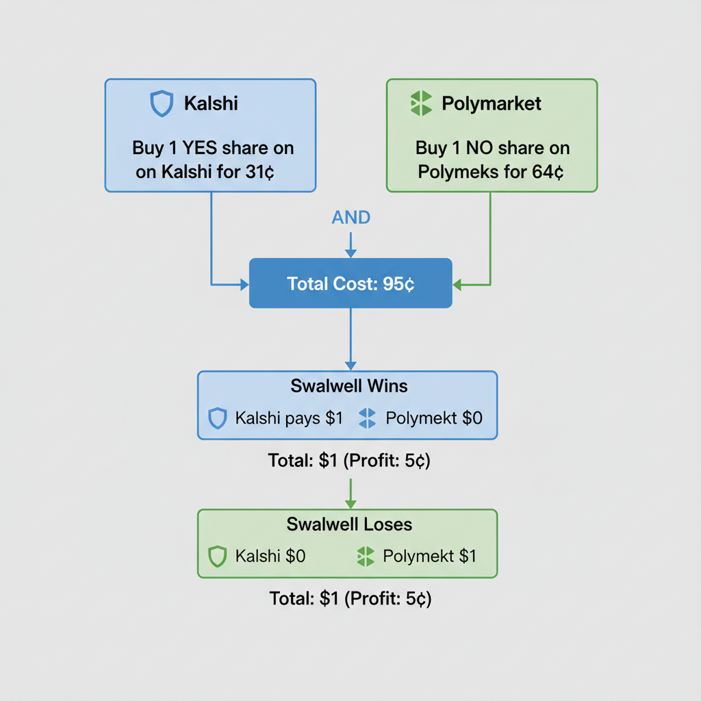 Diagram of the Swalwell arbitrage trade showing buys on Kalshi YES and Polymarket NO, with both win/lose outcomes leading to $1 payout on 95¢ cost.