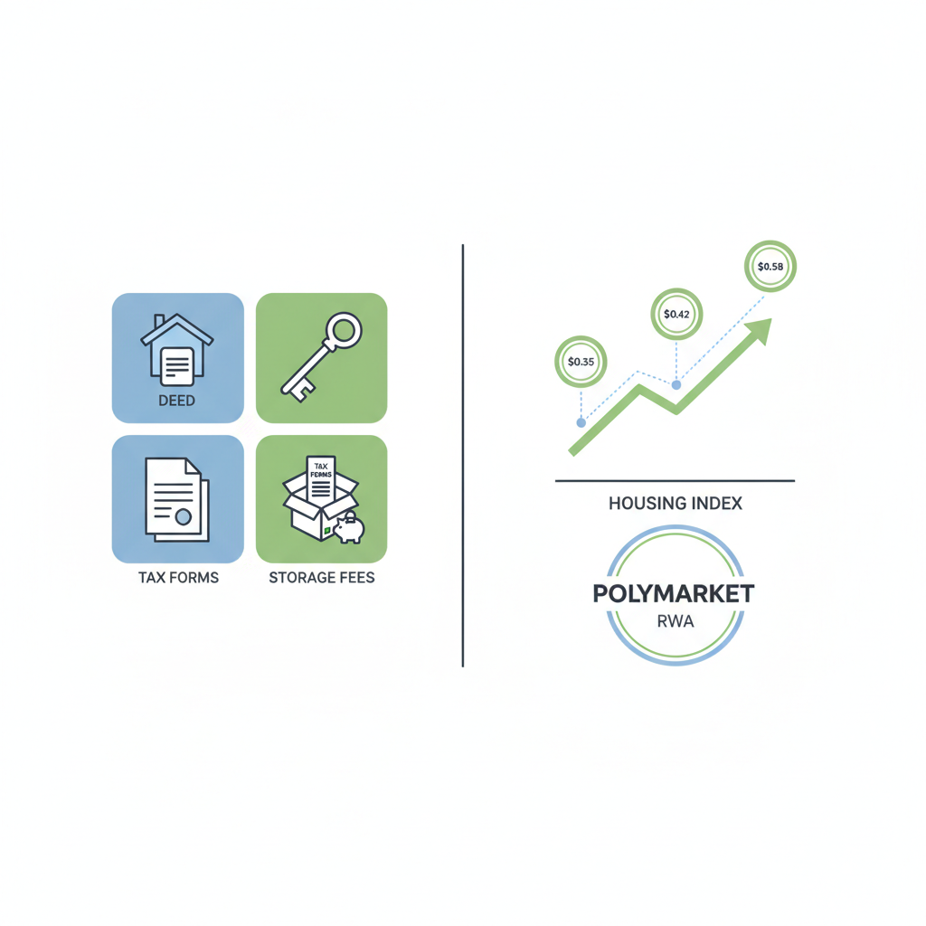 Illustration comparing traditional real estate ownership costs versus Polymarket share-based exposure to housing indices