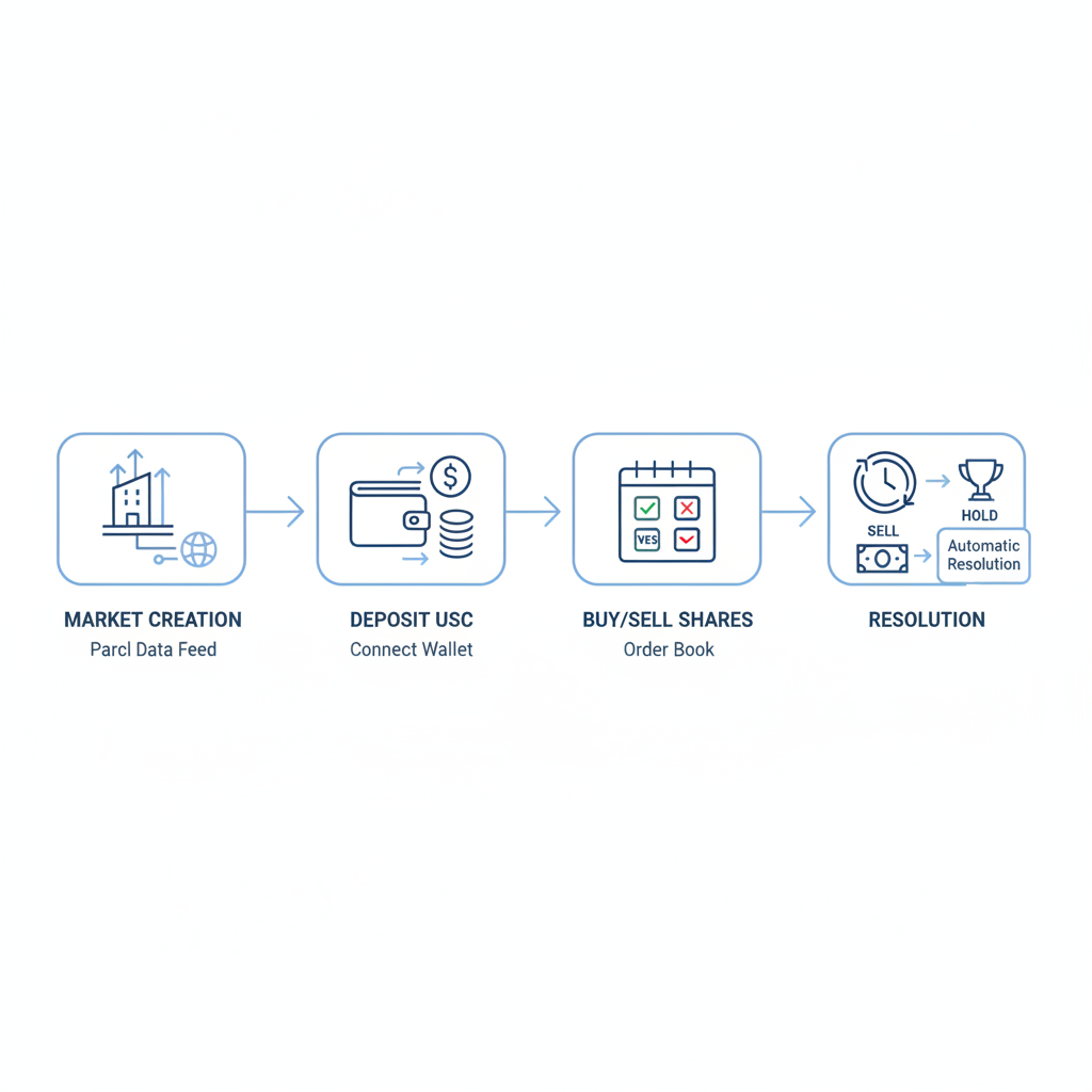 Diagram outlining the four-step process of trading real-world asset markets on Polymarket