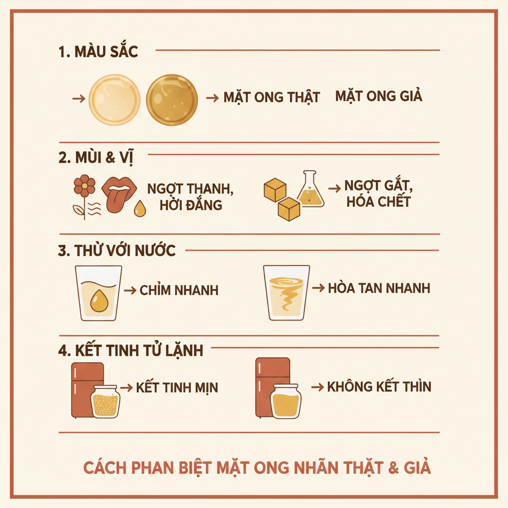 Sơ đồ minh họa 4 cách kiểm tra mật ong hoa nhãn thật giả tại nhà: màu sắc, mùi vị, thử nước, kết tinh.