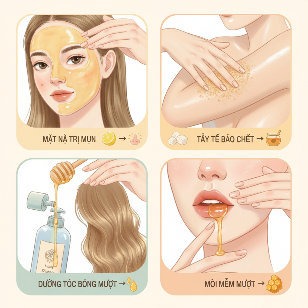 Minh họa 4 công thức làm đẹp từ mật ong hoa nhãn: trị mụn, tẩy tế bào chết, dưỡng tóc, dưỡng môi.