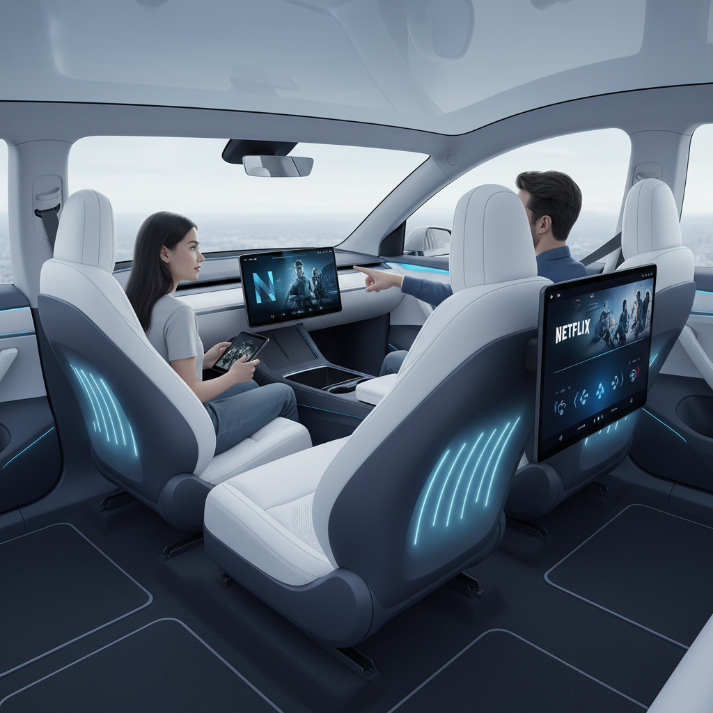 Illustration of 2025 Tesla Model Y interior showcasing new ventilated front seats and 15-inch rear touchscreen.