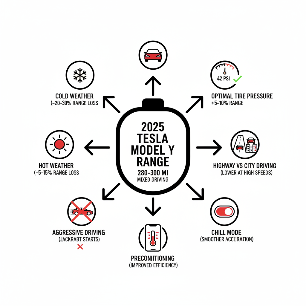 Diagram showing factors affecting 2025 Model Y range and optimization tips.
