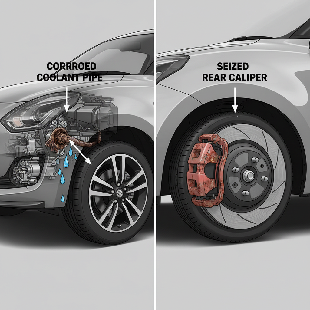 Illustration depicting coolant pipe corrosion and rear brake caliper seizure in a Suzuki Swift
