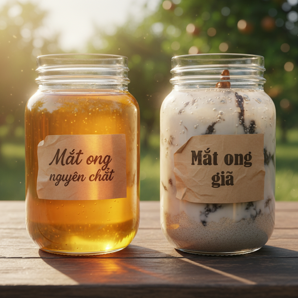 Minh họa so sánh chai mật ong hoa nhãn nguyên chất trong suốt vàng nhạt và mật giả đục bọt khí
