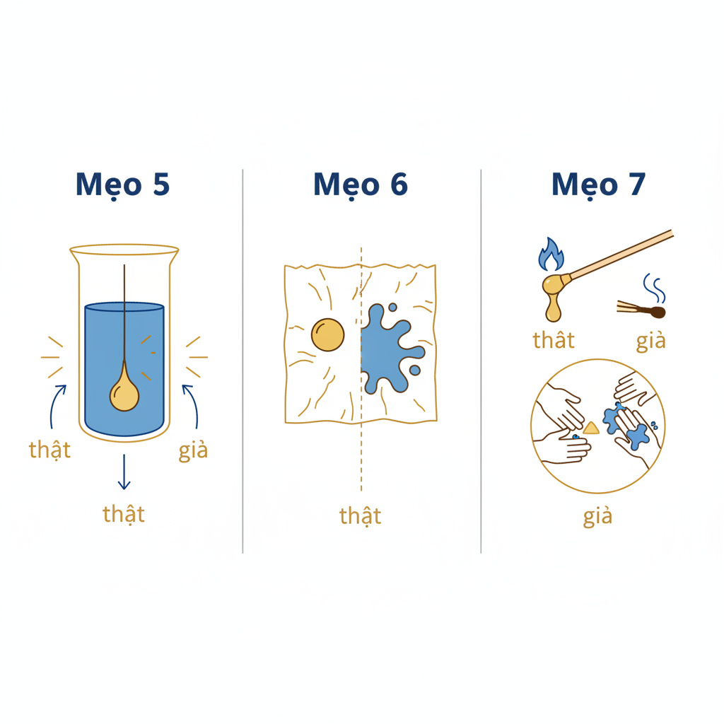 Sơ đồ minh họa ba thử nghiệm đơn giản tại nhà để phân biệt mật ong thật và giả