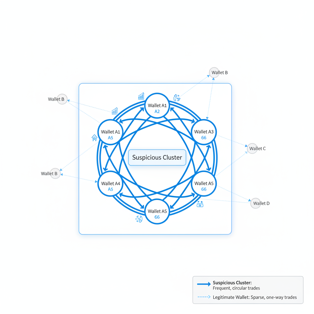 Diagram of a transaction graph highlighting a coordinated wallet cluster amid legitimate trading activity.