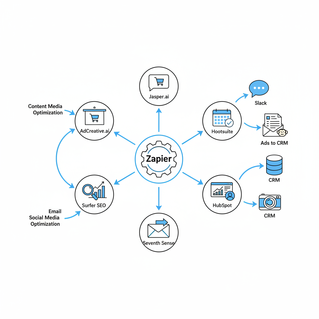 Diagram illustrating integrations between top AI marketing tools and common platforms via Zapier