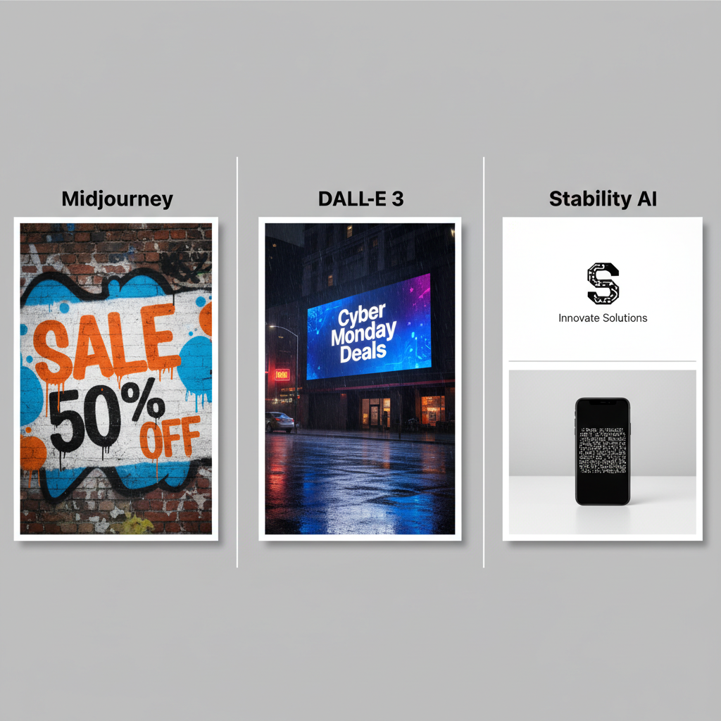 Illustrated comparison of text rendering: Midjourney's stylized but inconsistent text, DALL-E 3's accurate integration, Stability AI's variable results from good custom to gibberish.