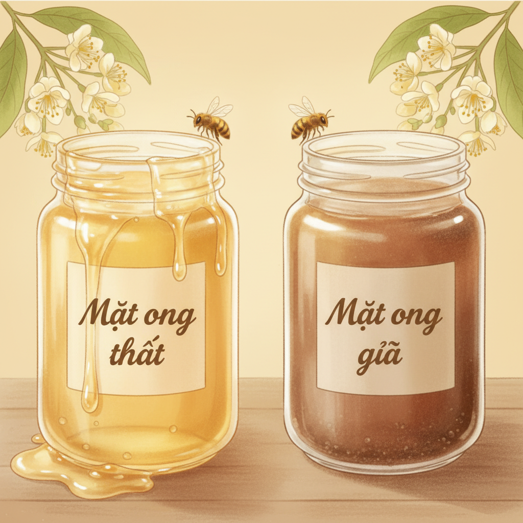 Minh họa so sánh đặc điểm mật ong hoa nhãn nguyên chất và mật ong giả