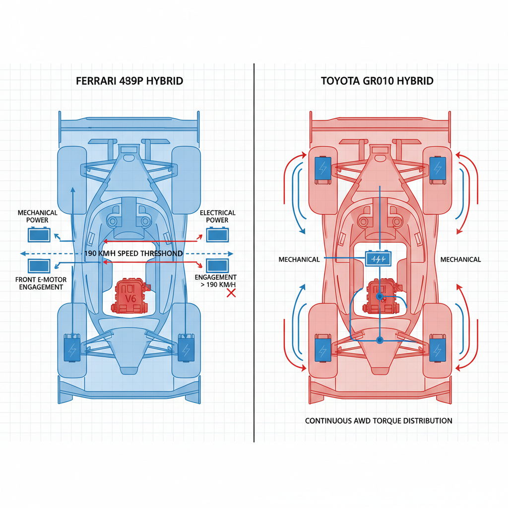 Diagram comparing the hybrid powertrain layouts and energy deployment strategies of the Ferrari 499P and Toyota TR010 Hybrid