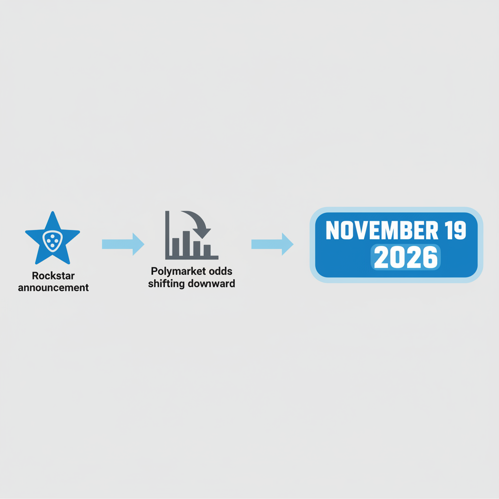 Diagram illustrating how a Rockstar announcement leads to adjusted Polymarket odds and a revised release date