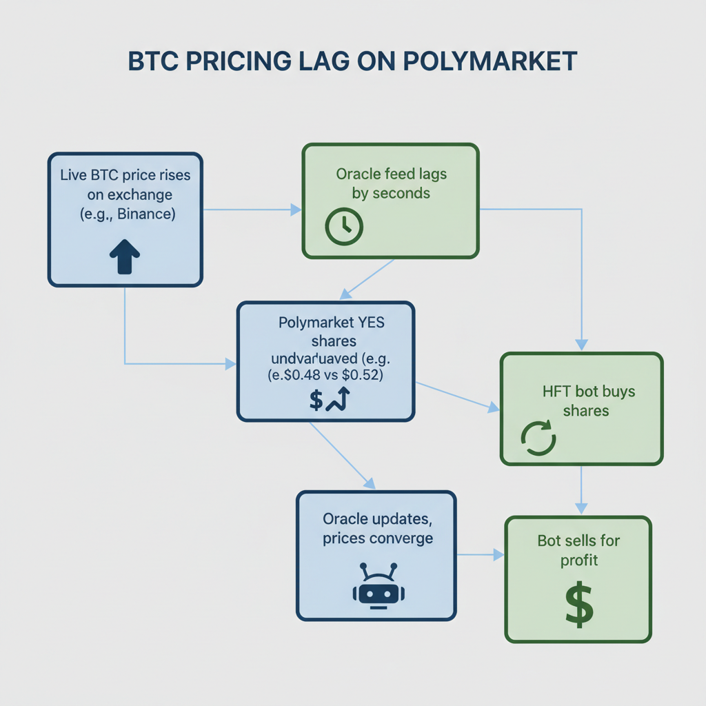 Diagram showing the step-by-step process of how oracle lags create arbitrage opportunities in Polymarket's 5-minute BTC markets.